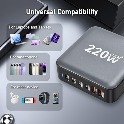 Ultimate 220 W USB Charging Hub – 6-Port Fast Charging Station with 4 PD USB-C and 2 QC USB-A for Universal Device Compatibility – Streamlined Charging Solution for Phones, Laptops, Tablets, and More – Ideal for Home, Office, or Travel