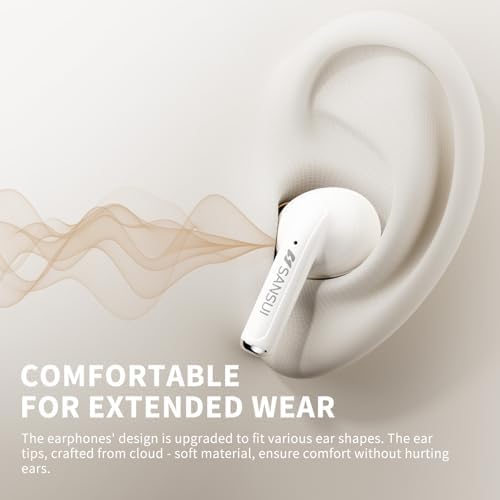 SANSUI Bluetooth 6.0 Earbuds with Active Noise Cancelling – IPX4 Waterproof Stereo Headphones Offering 20-Hour Playtime & Deep Bass for Ultimate Listening Freedom in Khaki White