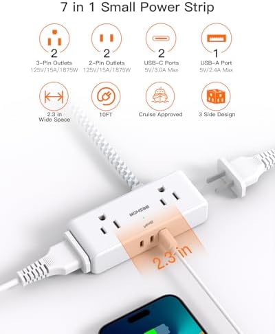 BESHON 10 ft Flat Plug Extension Cord with 4 Wide Outlets & 3 USB Ports (2 USB-C) – Versatile Power Strip for Home, Office & Dorm – Space-Saving Design with Surge Protection & Fast Charging Capabilities