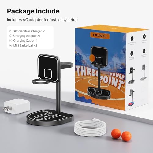 X85 Magnetic 3-in-1 Wireless Charger Stand – Versatile Charging Station for i Phone 16/15/14/13/12, Apple Watch S10/Ultra/9/8/7 & Air Pods 4/3/2/Pro – Adjustable Viewing Angles with Unique Basketball Court Design – Fast Charging Solution for Tech Enthusiasts