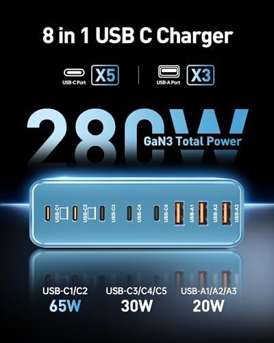 Revolutionize Your Charging Routine with the 280 W Ga N USB-C 8-Port Fast Charging Station – Power Up Laptops, Smartphones & More with PD 65 W Compatibility for Mac Book Pro/Air and Dell – Compact & Lightweight Design Perfect for Home, Office, and Travel – Universal Fast Charger for i Phone, Samsung Galaxy & All USB-C Devices