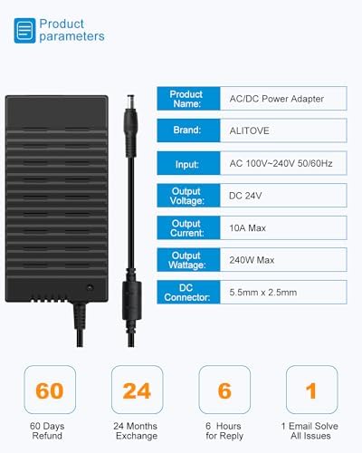 ALITOVE 24 V 10 A High-Efficiency AC Adapter – Universal Power Supply for LED Strips, 3 D Printers, and CCTV Systems – 240 W Output with Versatile 5.5 x2.1 mm Barrel Plug – Enhanced Safety Features for Maximum Device Compatibility and Optimal Performance