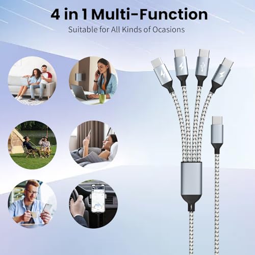 Ultra-Fast 240 W 4-in-1 USB C Charging Cable with Breathing Light Indicator – Multi-Device Compatibility for i Phone, i Pad, Samsung Galaxy, and Mac Book – 5 Ft Durable Cord in Stylish Purple for Efficient Data Sync and Enhanced Charging Performance