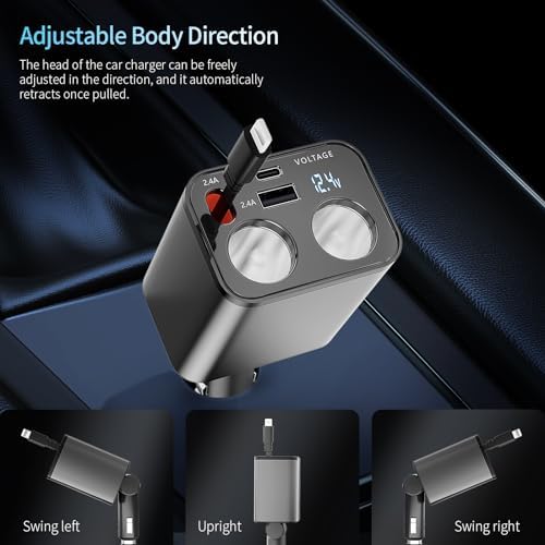 Paiholy Advanced 5-in-1 Retractable Car Charger with Dual USB Ports and Dual Cigarette Lighter Outlets – 159 W Fast Charging Solution for i Phone and All Car Electronics – Clutter-Free Design for Ultimate Travel Convenience
