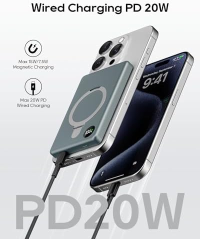 Ultra-Slim Mag Safe Battery Pack 10000 m Ah – 20 W Fast Charging Portable Power Bank with LED Display for i Phone 15/14/13/12 Series – Magnetic Design for Effortless Connectivity and On-the-Go Convenience in Space Gray