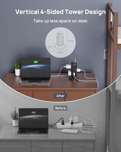 TROND Power Strip Tower with Retractable Design – 5 ft Flat Plug Extension Cord Featuring 5 AC Outlets and 20 W USB-C Fast Charging Ports, 1700 Joules Surge Protection for Home Office and Dorm Room Efficiency – Ultimate Connectivity Solution