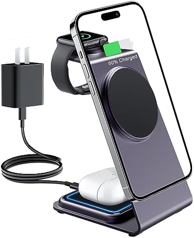 Effortlessly Charge Your Devices with the Stylish Purple Magnetic 3-in-1 Wireless Charging Station for Mag Safe i Phones and Apple Products – Fast, Efficient, and Space-Saving Solution for i Phone, Air Pods, and Apple Watch Users