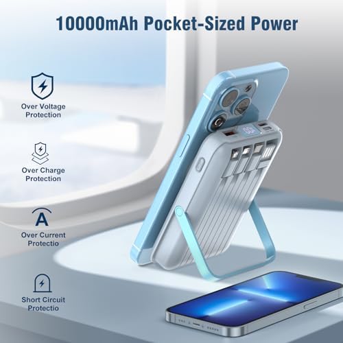 Ultra-Sleek 10000 m Ah Wireless Magnetic Power Bank – Fast Charging Portable Charger with Built-in Cables & LED Display – Compatible with i Phone 16/15/14/13/12/Pro/Mini/Pro Max (Purple) – Convenient On-the-Go Power Solution with Integrated Stand and Mag-safe Technology
