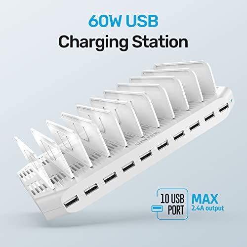 Unitek 10-Port USB Charging Station: Smart IC Technology for Fast, Organized Device Charging with Adjustable Dividers – Ideal for i Pads, Tablets, Kindles & i Phones in Home or Office Settings
