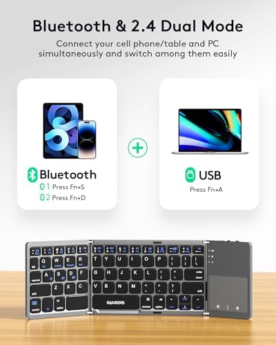 Samsers Portable Bluetooth Keyboard with Touchpad – Ultra-Slim Foldable Wireless Keyboard for Effortless Typing on Android, Windows, and i OS Devices – Rechargeable, Travel-Friendly Design with Device Holder – Black