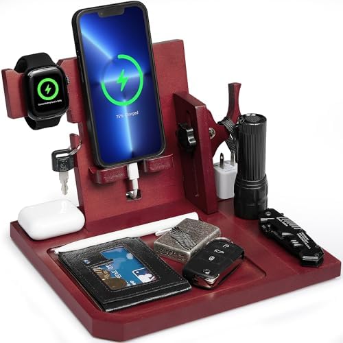 ONETIGRIS Nightstand Organizer, Gifts for Men Women Dad Husband Son Boyfriend Wife, Wood Phone Docking Station Gifts for Father’s Day, Birthday Mother’s Day and Valentine’s Day – Enhanced Compatibility and Speed