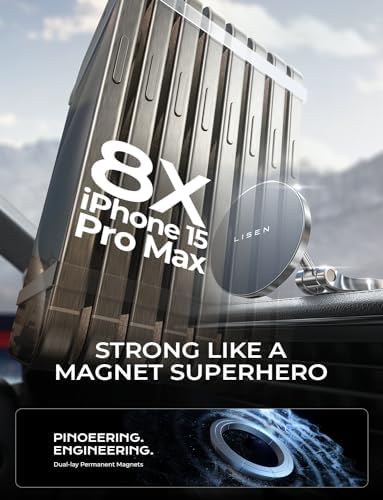 LISEN Mag Safe Car Charger for i Phone 15/14/16 Pro Max – 360° Rotating Wireless Mount with Powerful Magnetic Grip for Fast Charging – Sleek Black Dashboard Accessory for Effortless Navigation & On-the-Go Power Solutions
