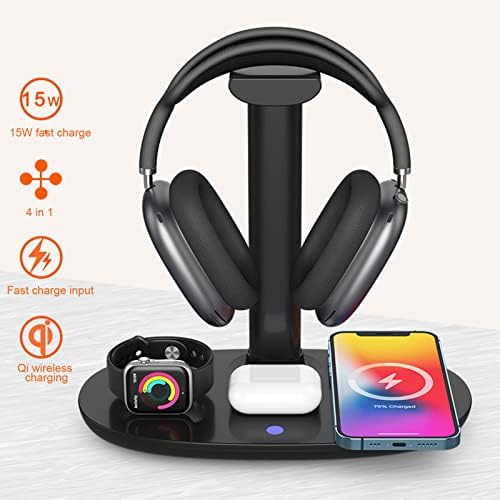 15 W Fast Wireless 4-in-1 Charging Station: Multi-Device Organizer and Headphone Stand for Phones, Earbuds, and Smartwatches – Ultimate Convenience and Sleek Design for Home or Office