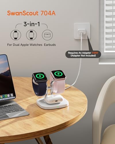 Revolutionize Your Charging Routine with the Swan Scout 3-in-1 Wireless Charging Station – Fast Dual Charger for Apple Watch Ultra 2/10/9 & Air Pods Pro 2/3/2 in Elegant White and Silver – Compact Design, Rapid Power Boosts, and Enhanced Safety Features for Modern Living