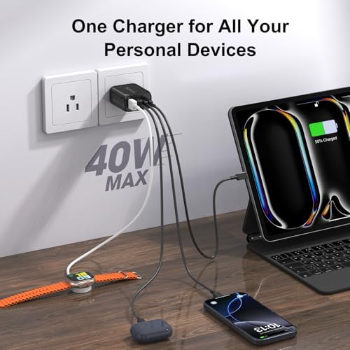 40 W USB-C Power Hub Duo: Versatile Fast Charging Station with 4 Ports for i Phone, i Pad, Air Pods & Apple Watch – Compact Travel Charger with Safety Features for Efficient Device Charging
