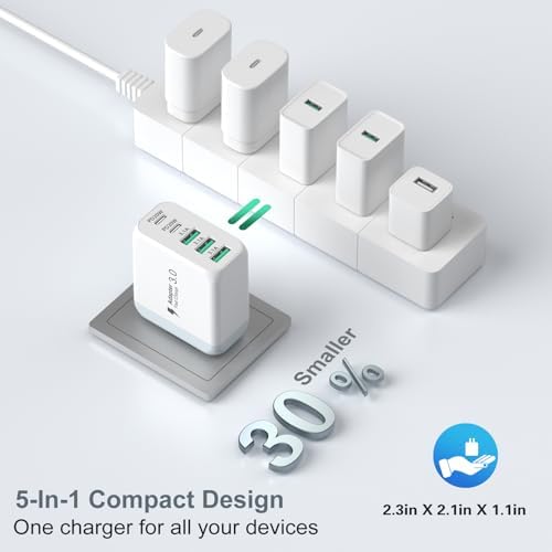 Revolutionize Your Charging Setup with the 50 W Dual-Pack USB-C Wall Charger – 5-Port Fast Charging Hub with Smart Technology for Optimal Device Performance – Compact Power Adapter for Home and Office Use
