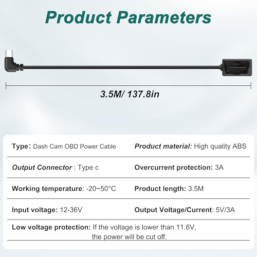 MEIRIYFA OBD OBD2 Power Cable for Dash Camera OBD to USB Type C Right Angle Hardwire Charger 90° Degree Wire Cord,12V-24V to 5V 3A 24 Hours Surveillance/Acc Mode with Switch Button (USB Type C) – Enhanced Compatibility and Speed
