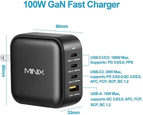 MINIX NEO P3 100 W Ga N Turbo Wall Charger – High-Speed 4-Port Charging Hub with 3 USB-C Ports (Max 100 W/20 W) & 1 USB-A Port (Max 18 W) – Ultimate Compatibility for Mac Book Pro, i Phone 14, i Pad Pro, Galaxy S9 & More – Compact Design for Travel & Daily Use – Fast Charge Multiple Devices Safely & Efficiently