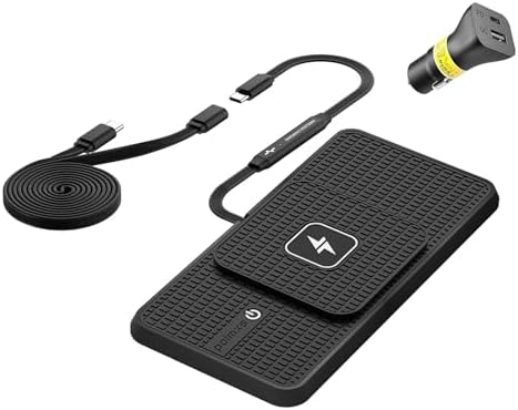 POLMXS C1-Pad Wireless Car Charger – 15 W Fast Charging Pad for i Phone 16/15/14/13/12 & Galaxy S23/S22/S21/Note10 – Advanced Heat Management & Unique Design for Bulge Cameras – Universal Qi Compatibility with Ambient Lighting Options for Personalized Drives
