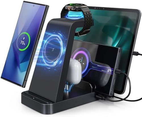 Ultimate 5-in-1 Wireless Charging Station for Samsung Devices – Fast Multi-Device Charger for Galaxy S25, S24, S23, S22, S20, Note Series, Z Fold 6, Galaxy Watch 7, 6, 5 & Buds – Sleek White Design for Home & Office with Enhanced Safety Features and Portability