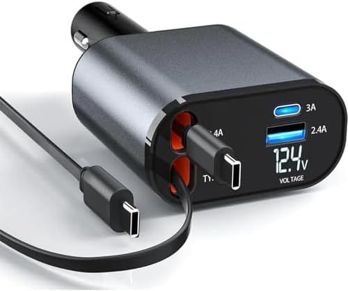 Revolutionary 4-in-1 Retractable Car Charger with Dual Ports – Fast Charging Solution Featuring Type C & Lightning Cables for Ultimate Compatibility and Efficiency – Tangle-Free, Durable Design for On-the-Go Power
