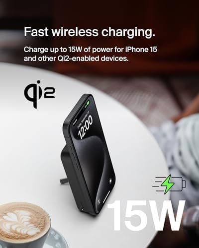 Belkin 5000 m Ah Wireless Power Bank with Qi2 Technology – Mag Safe-Compatible Portable Charger Featuring Built-in Kickstand for i Phone 16, 15, 14, 13, Plus, Pro, Pro Max – Sleek White Design for Seamless Charging on the Go – Optimal Speed & Versatile Compatibility