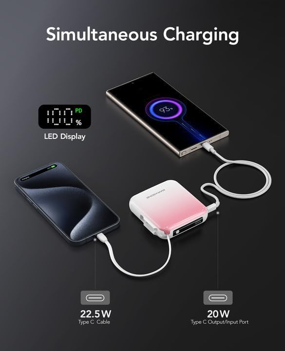 Ultra-Compact 10,000 m Ah Mini Power Bank – Fast Charging 20 W Dual Device Charger with Built-In Cables for i Phone, Samsung, Google & More – Perfect Travel Companion for On-the-Go Power Needs