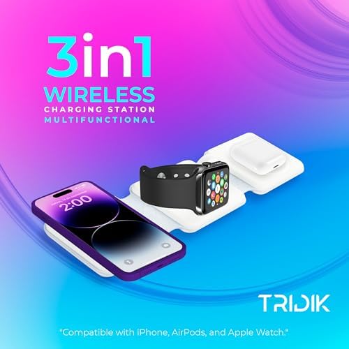 3-in-1 Wireless Charging Station – 15 W Fast Magnetic Charger for i Phone, Apple Watch & Air Pods – Foldable Travel Design with 20 W Adapter – TRIDIK Enhanced Portability & Efficiency – Ultimate Convenience for Modern Tech Users