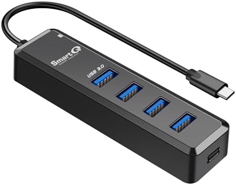 Smart Q H302 USB 3.0 Hub – 4-Port Connectivity Solution with Long Cable Options for Seamless Data Transfer up to 5 Gbps, Micro-B Charging for All Devices, Includes USB C Adapter – Boost Your Productivity & Versatile Workspace Efficiency