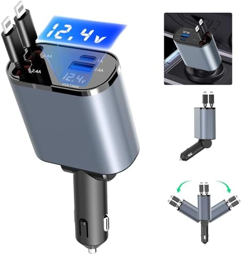 Paiholy 66 W 4-in-1 Retractable Car Charger – Dual USB Fast Charging Station with Dual i Phone Cables for i Phone 14/13/12/11 Pro Max/XS MAX and i Pad – Real-Time Voltage Display, Compact Design for Effortless Travel Convenience