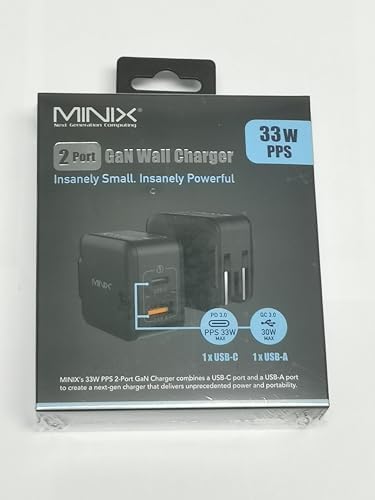 MINIX NEO P1 Mini 33 W Ga N Dual-Port Fast Charger – Ultra-Compact USB-C & Quick Charge 3.0 Adapter for i Phone 8-15, Galaxy S10-S21 & More – Essential Travel Charger with Advanced Heat Management for Efficient Multi-Device Charging