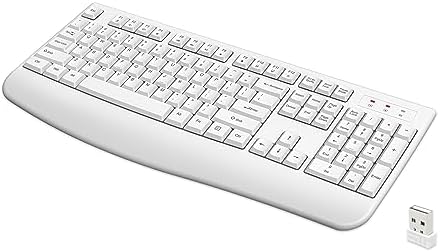 Ergonomic Wireless Keyboard with Wrist Rest – 2.4 G Full-Sized, Stylish & Comfortable for Windows & Mac – Perfect for Home Office, Gaming & Everyday Use – Modern White Design, Quick USB Setup & Durable Build for Enhanced Productivity