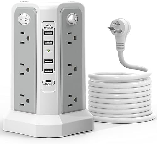 Maximize Power Distribution with the PASSUS Surge Protector Tower – 12 AC Outlets, 5 USB Ports Including 18 W USB C, 10 FT Extension Cord, Space-Saving Flat Plug, Overload Protection for Home and Office Use – Ideal for Multiple Devices and Rapid Charging Solutions