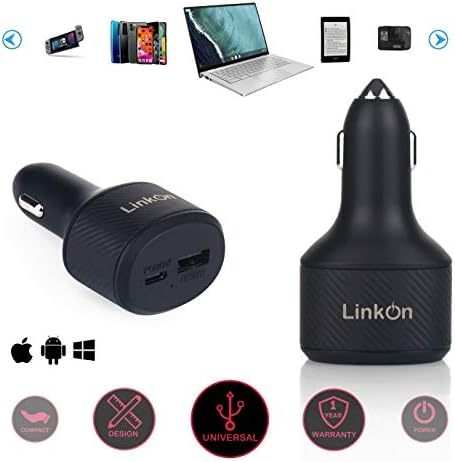 Experience Rapid Power with the Link On 84 W USB-C Car Charger: Dual-Port Fast Charging Adapter Featuring 60 W PD3.0 & 18 W QC3.0 for Mac Book, Dell XPS, Google Chromebook & More – Compact, Multi-Device Accessory with Enhanced Safety Mechanisms for Reliable Performance on the Road