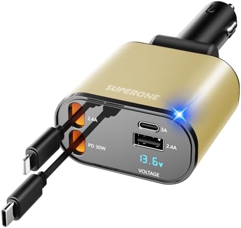 Introducing the SUPERONE 4-in-1 Retractable Fast Car Charger: Ultimate On-the-Go Charging Solution for i Phone, Galaxy & Pixel Devices – Featuring 2.6 ft Tangle-Free Cord, Enhanced USB C & Apple Compatibility, and Sleek Design for Effortless Portability. Experience lightning-fast charging to keep your devices powered during road trips or daily commutes, ensuring you’re always connected. This innovative retractable charger is engineered for maximum efficiency, accommodating a wide range of smartphones including i Phone 16, 15/15 Pro Max, 14, 13, 12, 11 and popular Galaxy and Pixel models. With its compact construction and high-quality materials, this charger not only enhances your charging experience but also withstands everyday wear and tear. Elevate your mobile charging with the SUPERONE car charger – where convenience meets cutting-edge technology for busy professionals and families on the move.