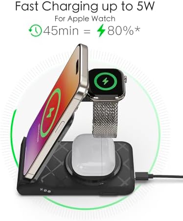 Ultimate 3-in-1 Travel Charging Station for i Phone, Android & Apple Devices – Fast Wireless Dock for Phones, Air Pods & Apple Watch – Foldable Multi-Device Charger for On-the-Go Power Solutions – Enhanced Compatibility & Speed (Adapter Not Included)