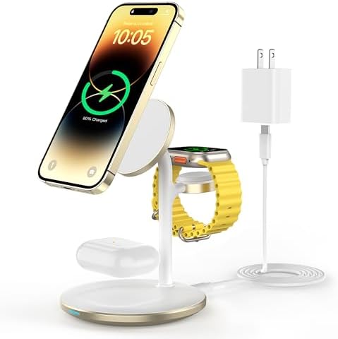 Sleek Yellow Wood Grain 3-in-1 Wireless Charging Station for Apple Devices – Fast 15 W Mag-Safe Charger with QC 3.0 Adapter for i Phone 16/15/14/13/12, Apple Watch Ultra/S9/8, and Air Pods – Elevate Your Workspace with Ultimate Compatibility and Modern Aesthetics, Perfect for Streamlined Charging Solutions