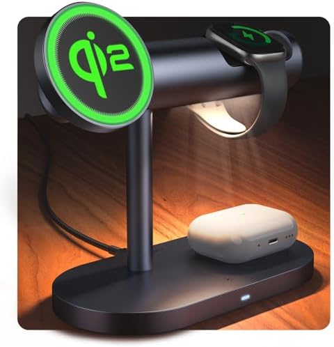 IVANKY Qi2 Certified 4-in-1 Wireless Charging Stand with Adjustable Nightstand Light – Fast Charge for i Phone 16/15/14, Apple Watch, and Air Pods – Sleek Design with Enhanced Safety Features and Magnetic Stability for Tangle-Free Convenience