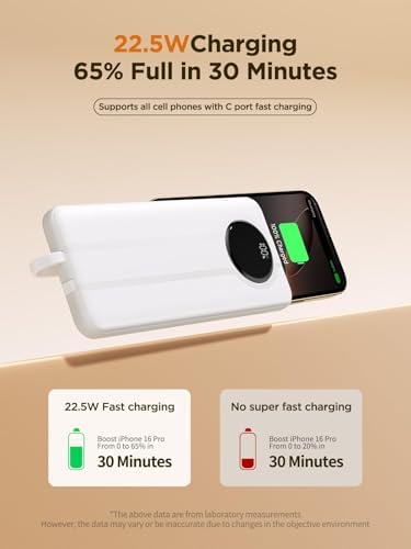Aioneus 10000 m Ah Portable Charger with Dual Built-in Cables – High-Speed 22.5 W USB-C Power Bank for i Phone 16/15 and Samsung Galaxy S24/S10 e – All-in-One Travel Battery Pack with Intelligent LED Display and Automatic Power Off for Enhanced Device Safety and Compatibility