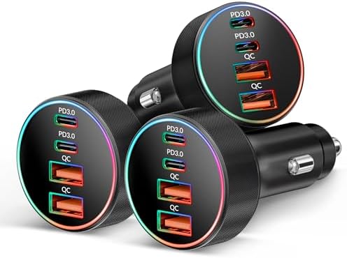 High-Power 4-Port USB C Car Charger – 90 W Fast Charging Adapter with Dual USB-C & USB-A Ports for i Phone 11-16, i Pad, Samsung, and Android Devices – Compact Cigarette Lighter Adapter with Enhanced Safety Features and Multi-Device Compatibility for Road Trips and Daily Commutes