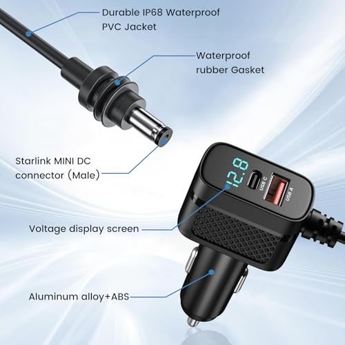 weishan 16ft Car Charger Cable for Starlink Mini, 12V-48V Car Charging Cord, PD30W USB-C and USB Digital Display Power Supply Adapter for Satellite, 5m Long, 18AWG – Enhanced Compatibility and Speed