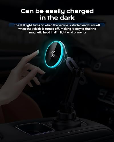 Magnetic Cup Phone Holder Car Wireless Charger for MagSafe, 15W Fast Charging Car Mount Stand for iPhone 16 Pro Max/15/14/13/12, Cupholder Expander, LED Light Ring, Strong N52 Magnets – Enhanced Compatibility and Speed