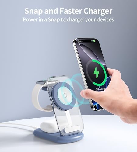 Ultimate 3-in-1 Magnetic Wireless Charging Station for Apple: Fast, Foldable Mag-Safe Charger with Night Light for i Phone 16/15/14/13/12, Apple Watch & Air Pods Pro – Travel-Ready, Enhanced Compatibility, and Rapid Charging Solution