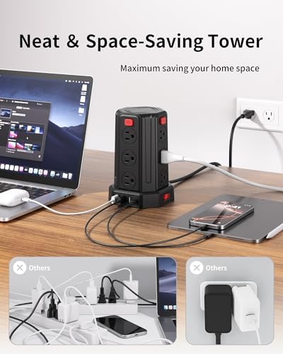 SMALLRT Power Tower Surge Protector – 10 Ft Extension Cord with 12 AC Outlets & 4 USB Ports (1 USB-C) – Ultimate Charging Station for Home & Office – Enhanced Device Compatibility & Safety