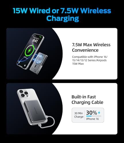 MOVE SPEED 0.35″ Mag Safe Portable Charger – 5000 m Ah Slim Power Bank with 22.5 W Fast Charging & Kickstand for i Phone 16/15/14/13/12 Series in Glacier Gray – Ultimate Charging Solution with Magnetic Attachment for On-the-Go Lifestyle and Enhanced Device Compatibility