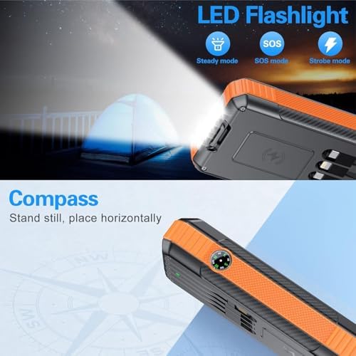 High-Capacity Solar Power Bank with 52800 m Ah – Fast Wireless Charger Featuring 4 Built-In Cables, 7 Outputs, and 22.5 W Quick Charge – Dual Flashlights for Outdoor Adventures (Vibrant Orange) – Ultimate Versatility for All Mobile Devices
