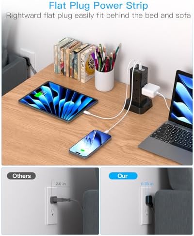High-Performance Surge Protector Power Strip Tower with 12 Outlets and 4 USB Ports (2 USB-C) – Versatile Desktop Charging Station for Home Office and College Dorms, 6 Ft Flat Plug Extension Cord, Space-Saving Design for Enhanced Device Connectivity and Safety
