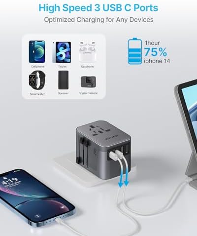 VINTAR Universal Travel Adapter: All-in-One Power Converter with 6 A Output, 3 USB-C and 2 USB Ports for Fast Global Charging Across Europe, UK, USA, and Australia – Essential Travel Accessory for Effortless Device Connectivity and Safety Features
