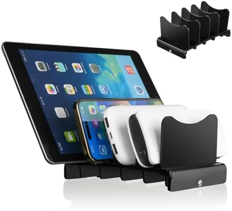 Sleek Acrylic Multi-Device Charging Stand – Black Organizer for Power Banks, Phones & Tablets – 4 Slot Desktop Holder with Enhanced Airflow for Rapid Charging & Tangle-Free Storage – Ideal for Home & Office Use