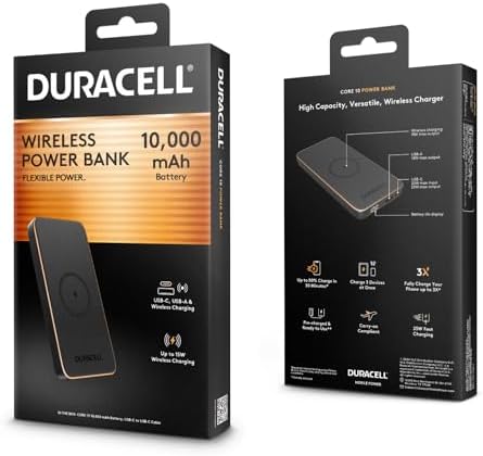 Duracell Core 10 Wireless Portable Charger | 10,000 m Ah Multi-Device Power Bank with USB-C & USB-A Ports for Effortless Charging of Smartphones, Tablets, and More | Compact Design for On-the-Go Convenience and Enhanced Device Compatibility